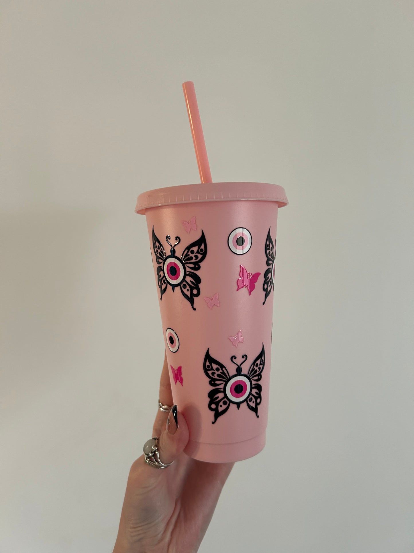 Pink butterfly evil eye 24oz cold cup