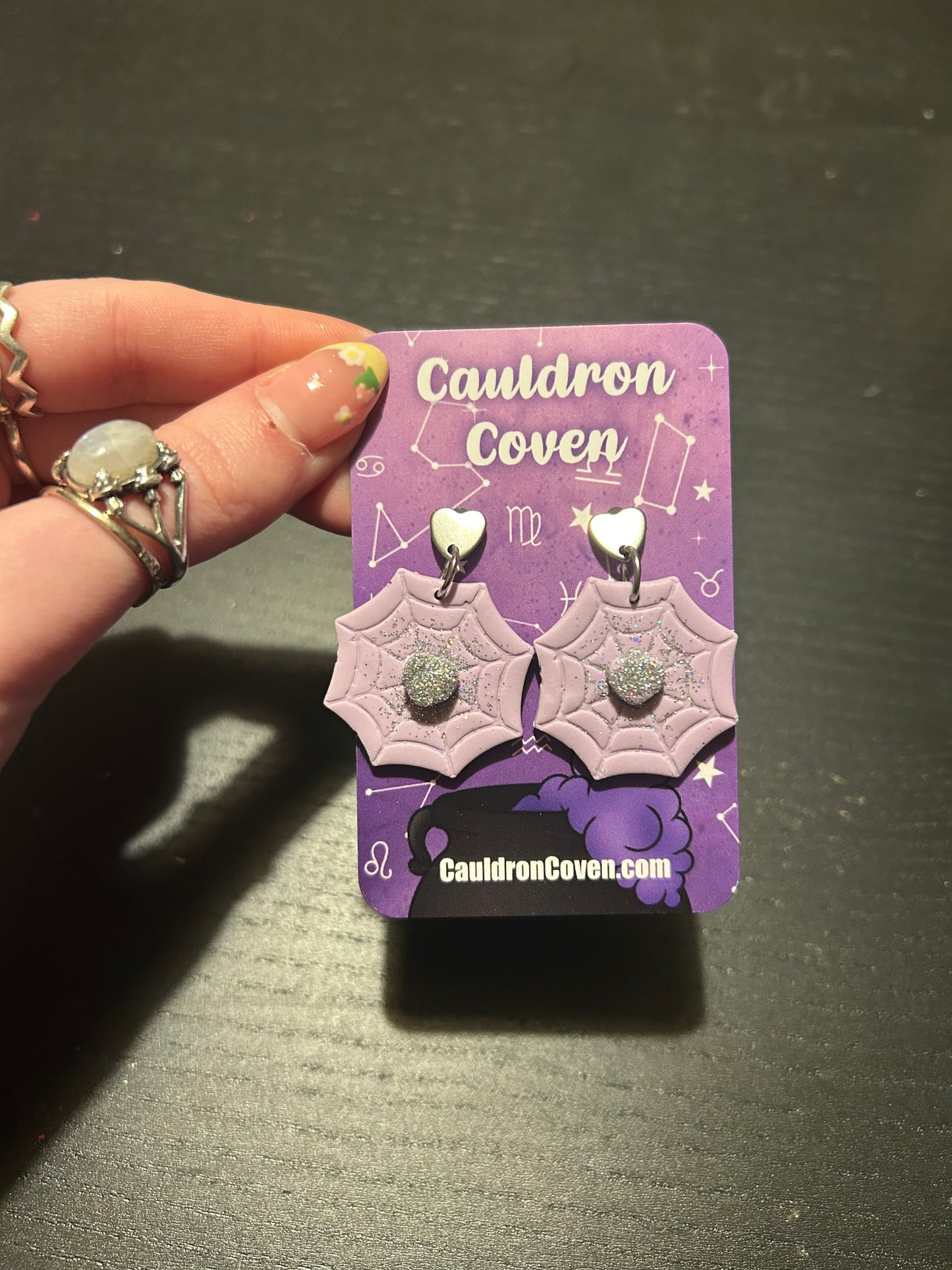 Lilac heart cobweb clay stud Earrings