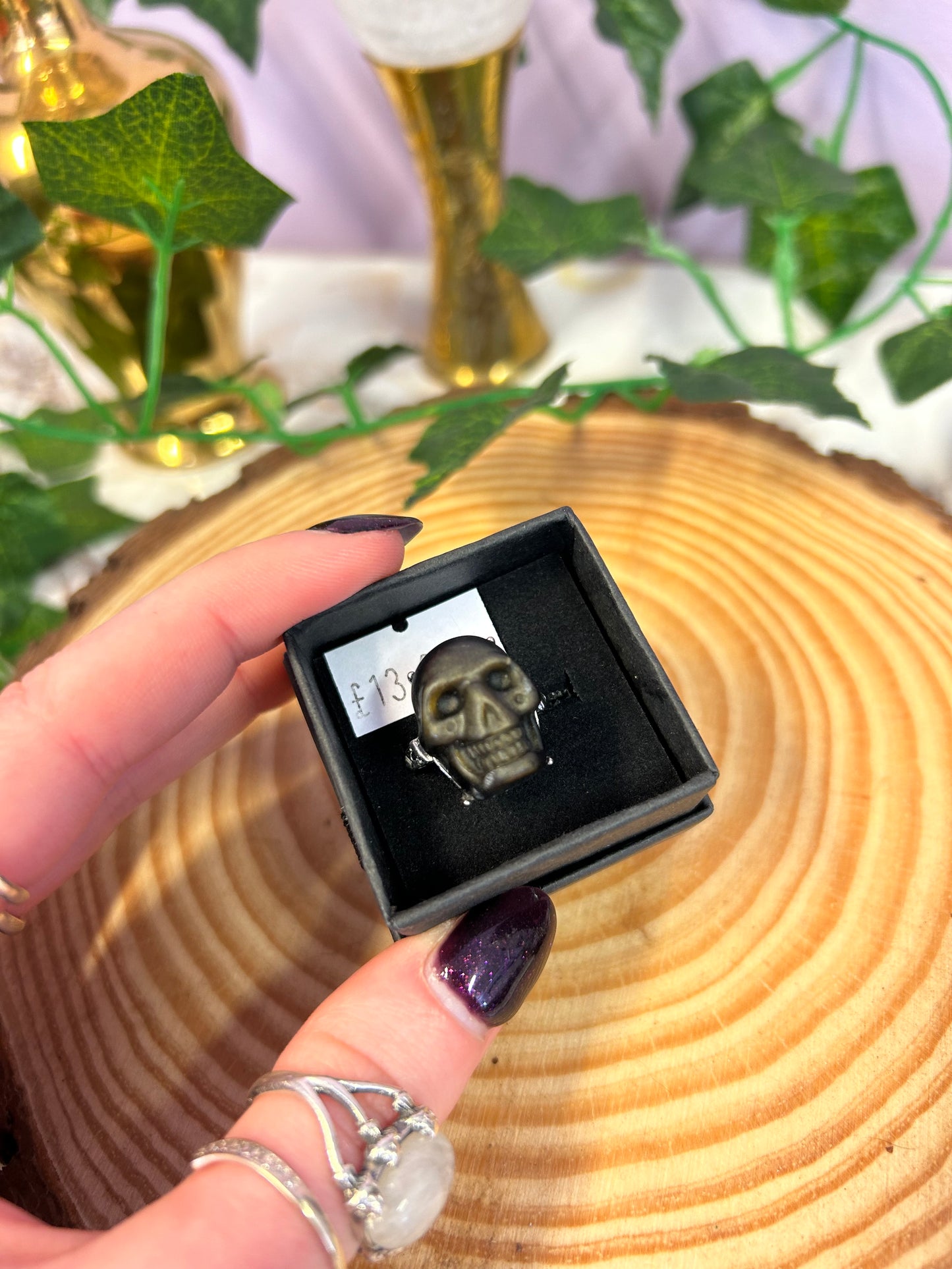 Gold sheen obsidian skull gemstone adjustable ring