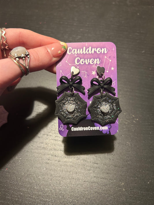 Black heart cobweb clay stud Earrings