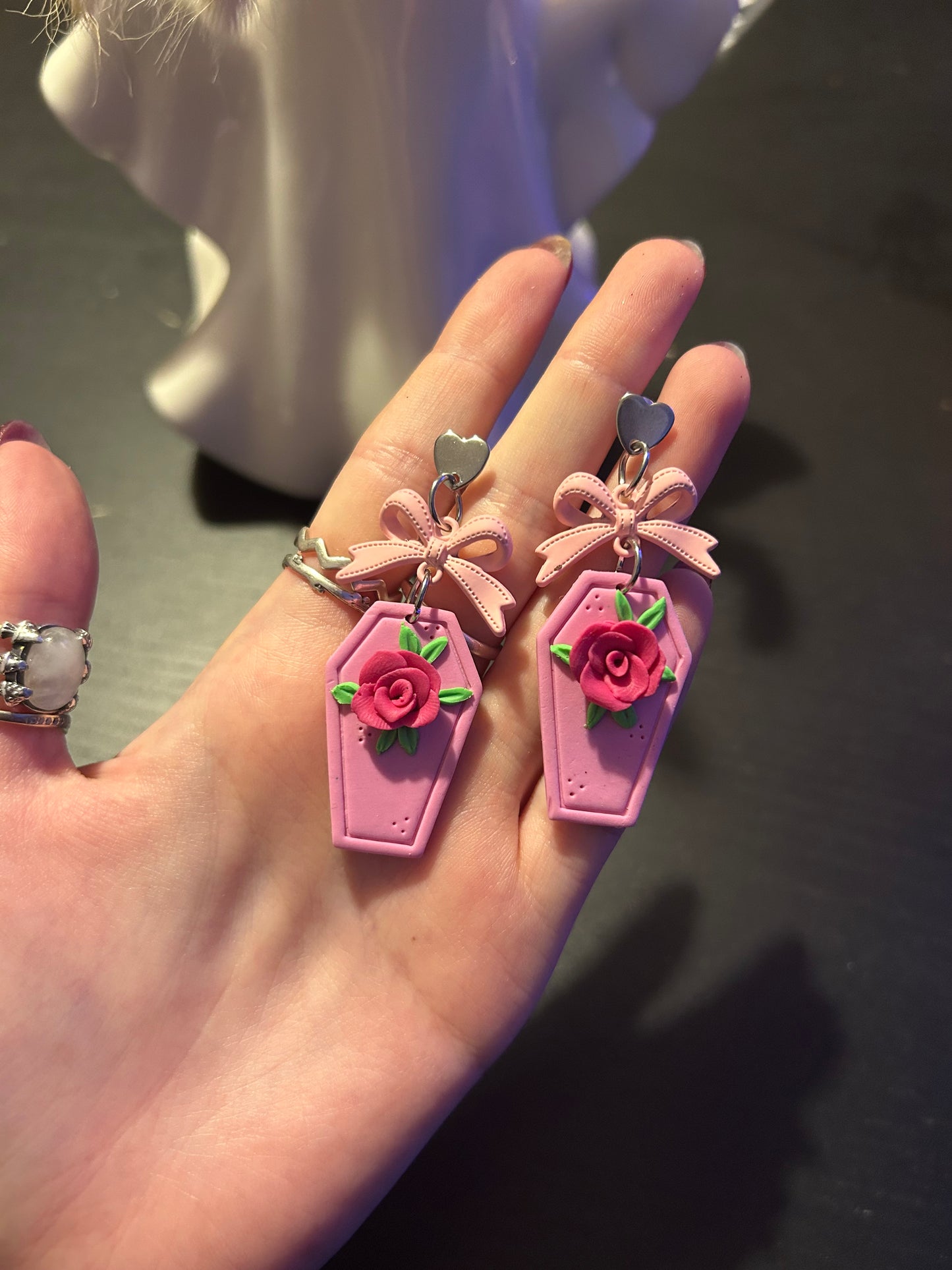 Pastel pink rose bow coffin clay stud Earrings