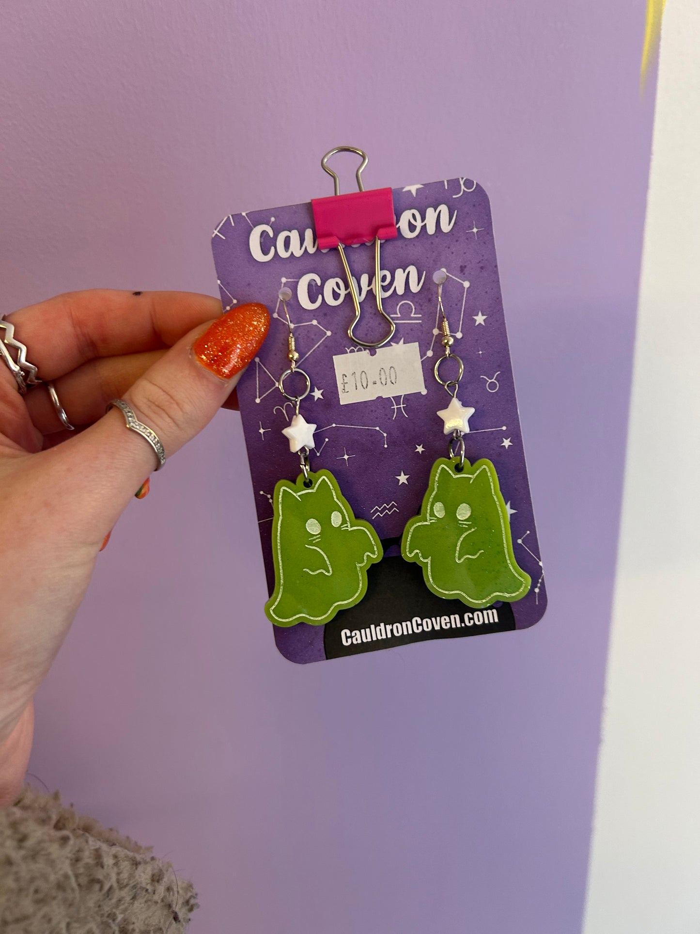 Green cat ghost Resin earrings