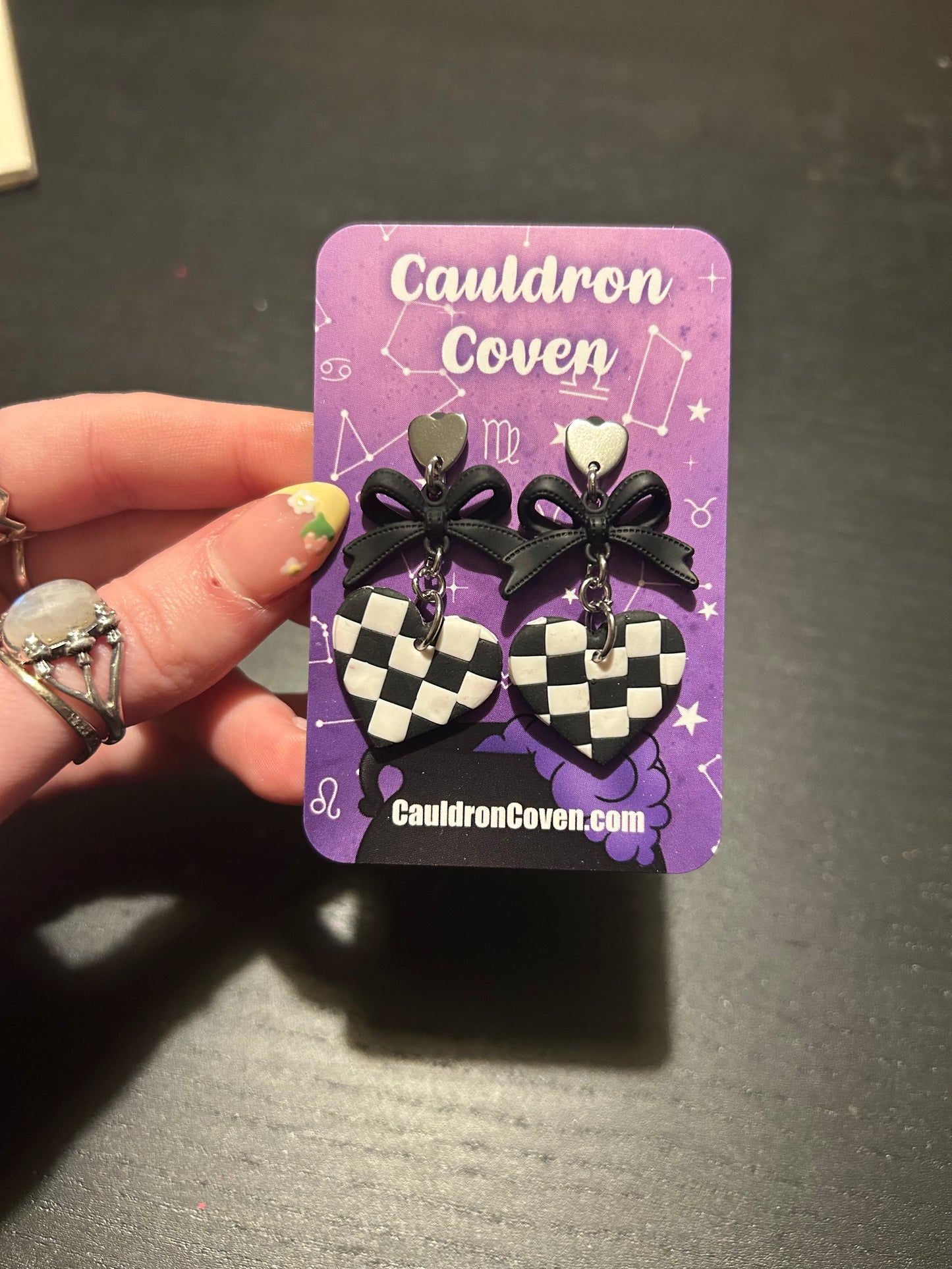 Checkerboard bow heart clay stud Earrings