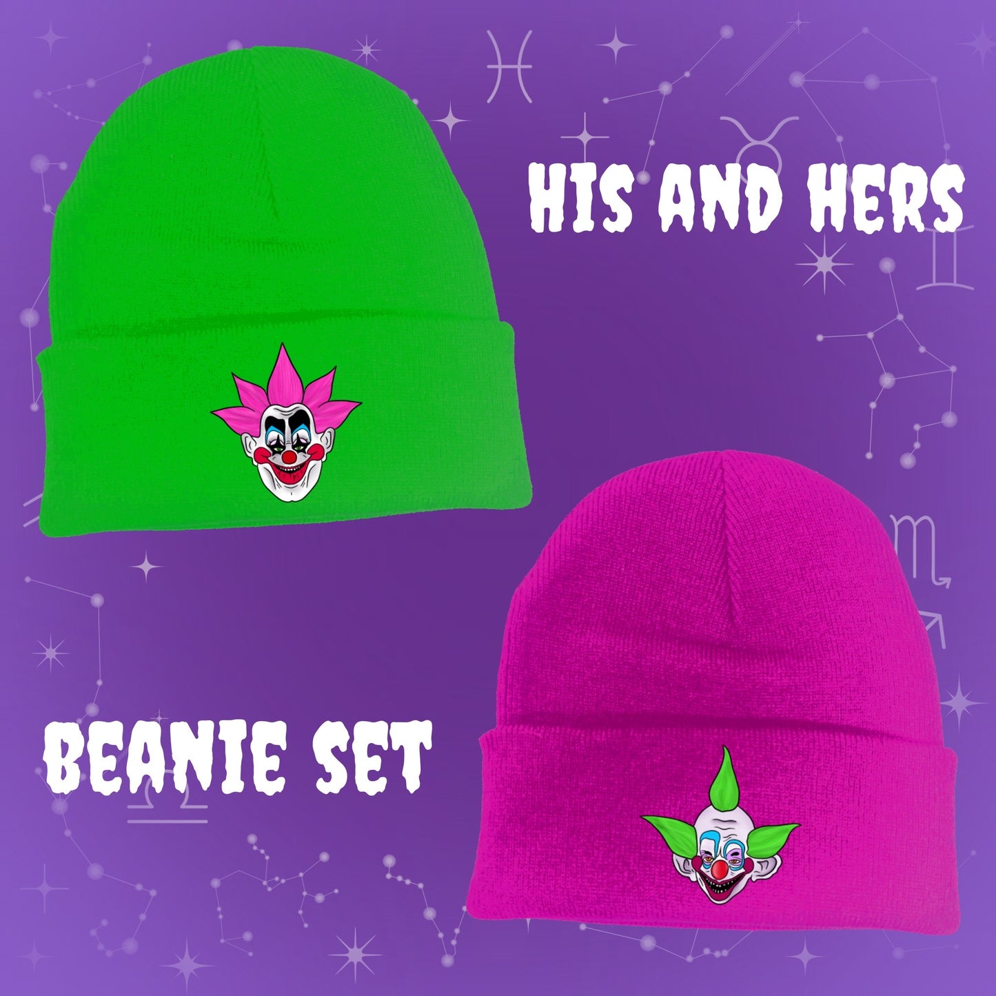 Pink and green clown beanie set