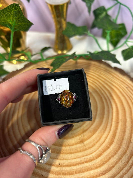 Amber oval gemstone adjustable ring