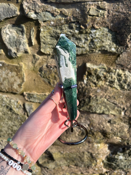 moss agate crystal wand with stand