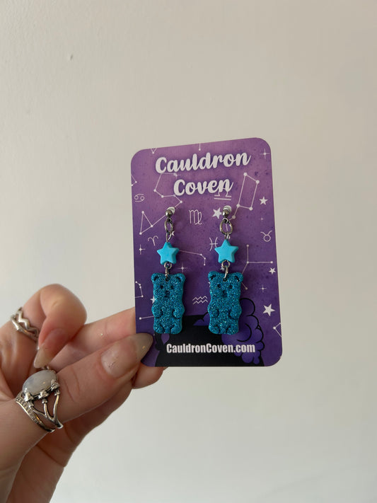 Blue Glittery gummy bear clay stud Earrings