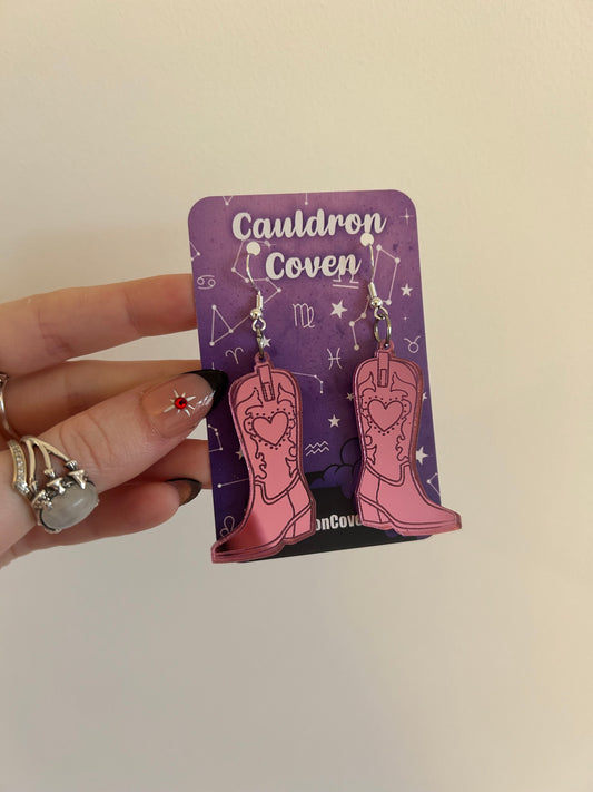 Pink cowgirl boots Acrylic Earrings