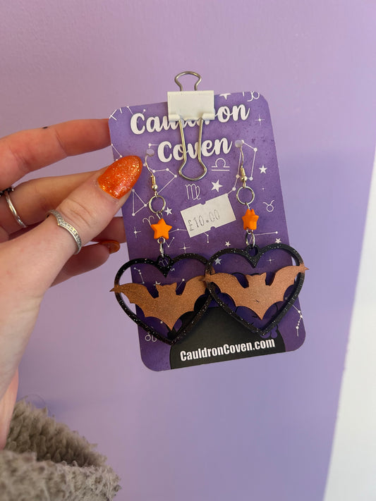 Orange bat heart Resin earrings
