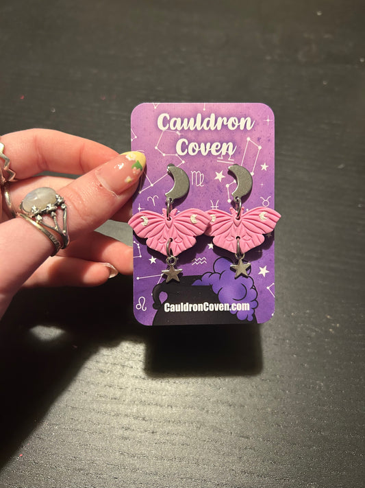 Pink moon and star moth clay stud Earrings