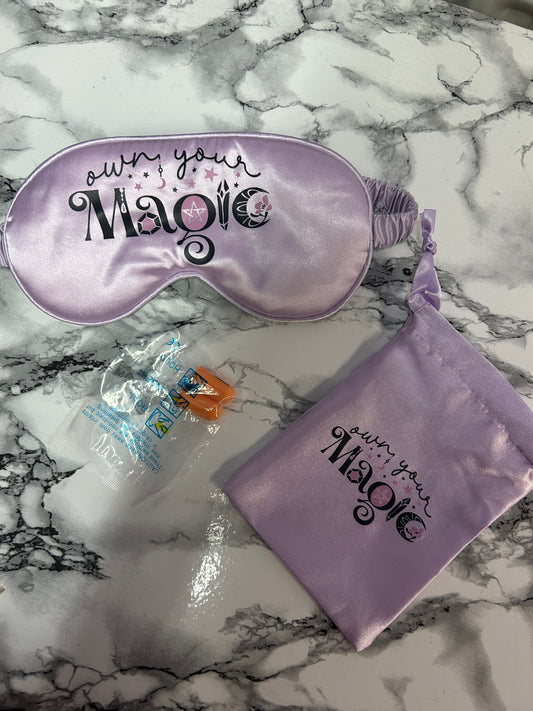 Own your magic lavender satin eye mask, ear plugs and pouch set