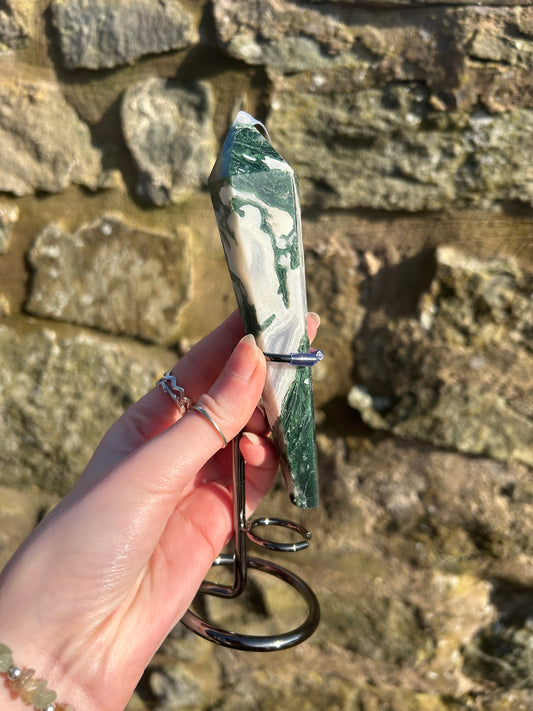 moss agate crystal wand with stand