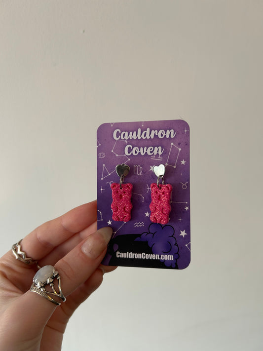 Hot pink Glittery gummy bear clay stud Earrings