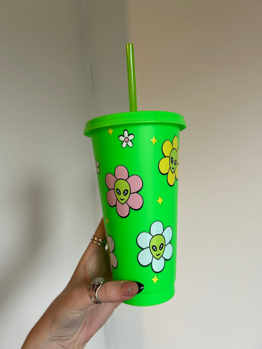 Green floral alien 24oz cold cup