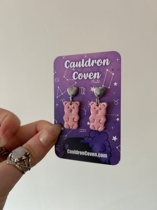 Baby pink Glittery gummy bear clay stud Earrings