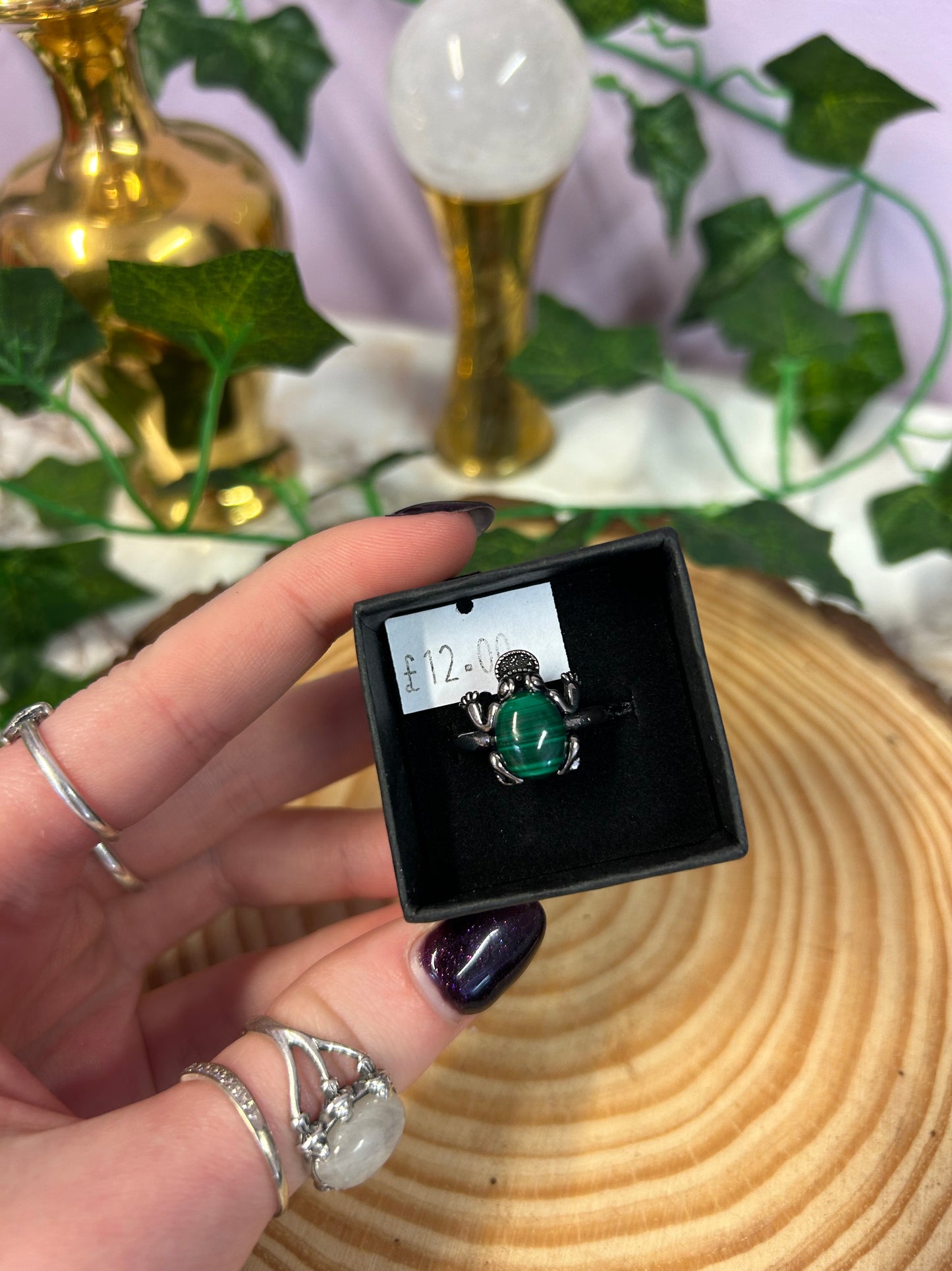 Malachite money frog gemstone adjustable ring