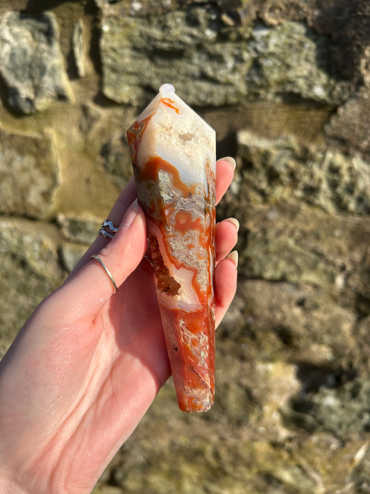 Druzy Red moss agate crystal wand with stand