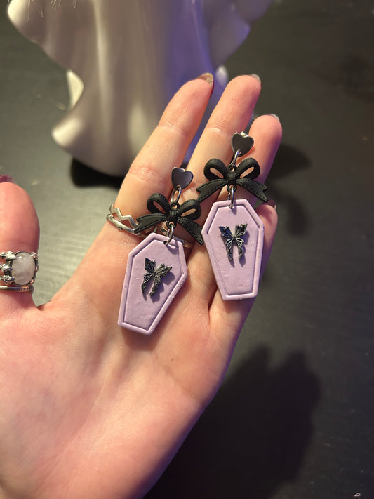 Pastel purple butterfly bow coffin clay stud Earrings