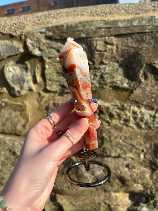 Druzy Red moss agate crystal wand with stand
