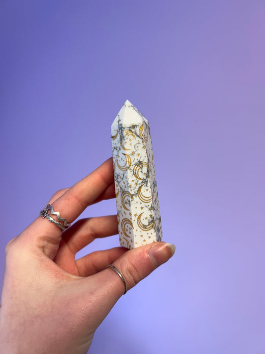 White howlite with gold moon etching crystal tower