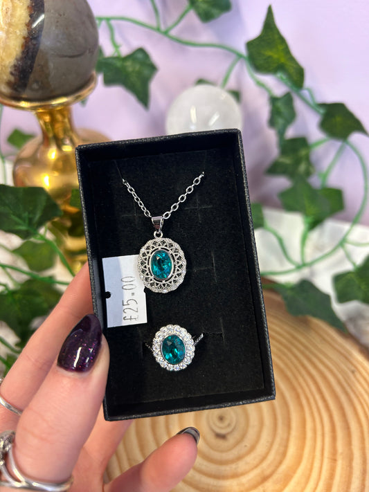 Paraiba topaz Crystal necklace and adjustable ring set
