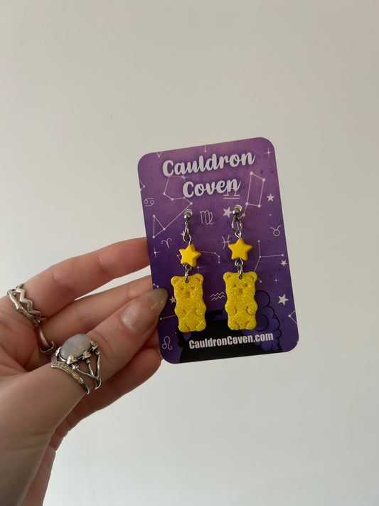 Yellow Glittery gummy bear clay stud Earrings