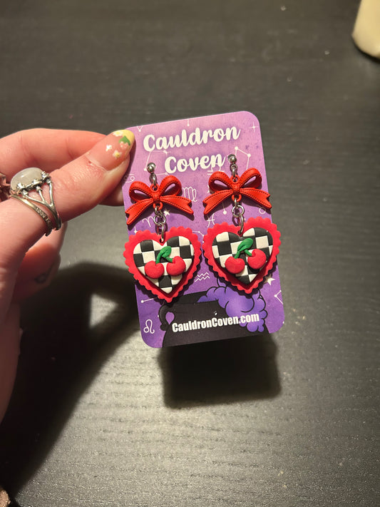 Checkerboard cherry heart clay stud Earrings
