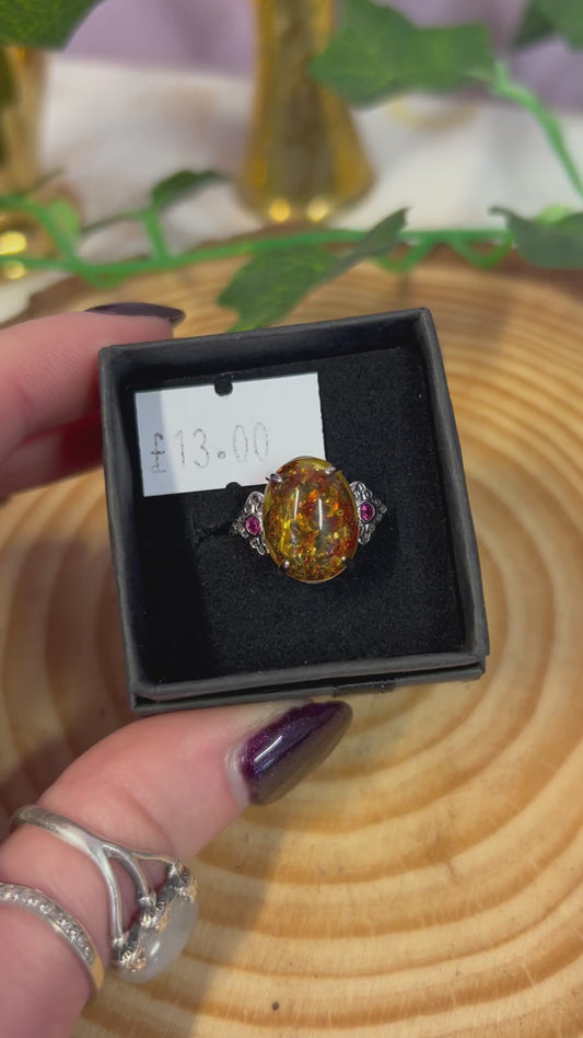 Amber oval gemstone adjustable ring
