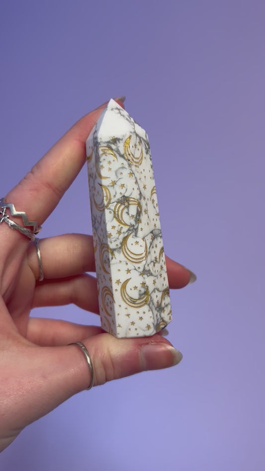 White howlite with gold moon etching crystal tower