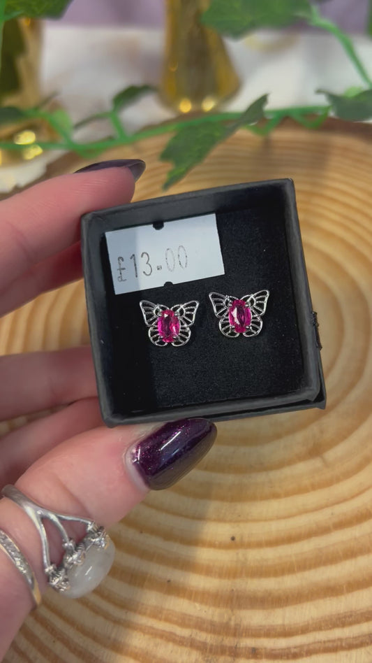 Pink tourmaline butterfly stud earrings