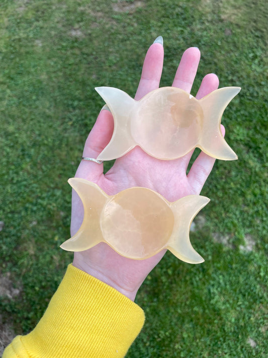 Lemon calcite triple moon polished Crystal bowls