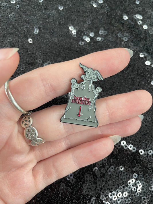 Beetlegeise gravestone enamel pin