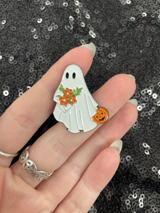Floral pumpkin ghost enamel pin